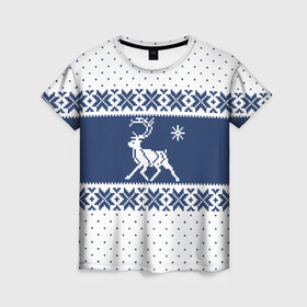 Женская футболка 3D с принтом Северный Олень (звезда) в Новосибирске, 100% полиэфир ( синтетическое хлопкоподобное полотно) | прямой крой, круглый вырез горловины, длина до линии бедер | merry christmas | алатырь | бабушкин свитер | ёлка | животное | зверь | лось | новый год | обережная вышивка | олень | орнамент | охота | подарок | рогач | рождество | свитер | свитер с оленями