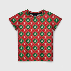 Детская футболка 3D с принтом Ёлочки (красно зелёные) в Новосибирске, 100% гипоаллергенный полиэфир | прямой крой, круглый вырез горловины, длина до линии бедер, чуть спущенное плечо, ткань немного тянется | merry christmas | бабушкин свитер | дед мороз | ёлка | елочные шары | новогодний подарок | новый год | подарок | природа | рождество | свитер | свитер с ёлками | снежинки