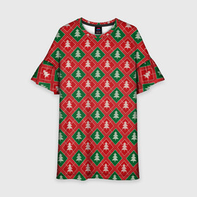 Детское платье 3D с принтом Ёлочки (красно зелёные) в Новосибирске, 100% полиэстер | прямой силуэт, чуть расширенный к низу. Круглая горловина, на рукавах — воланы | Тематика изображения на принте: merry christmas | бабушкин свитер | дед мороз | ёлка | елочные шары | новогодний подарок | новый год | подарок | природа | рождество | свитер | свитер с ёлками | снежинки