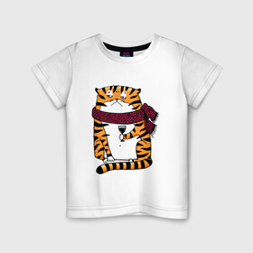 Детская футболка хлопок с принтом Недовольный тигр с бокалом вина в Новосибирске, 100% хлопок | круглый вырез горловины, полуприлегающий силуэт, длина до линии бедер | Тематика изображения на принте: 2022 | год тигра | новый год | новый год 2022 | символ года | тигр | тигренок | тигрица | тигры