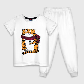 Детская пижама хлопок с принтом Недовольный тигр с бокалом вина в Новосибирске, 100% хлопок |  брюки и футболка прямого кроя, без карманов, на брюках мягкая резинка на поясе и по низу штанин
 | Тематика изображения на принте: 2022 | год тигра | новый год | новый год 2022 | символ года | тигр | тигренок | тигрица | тигры