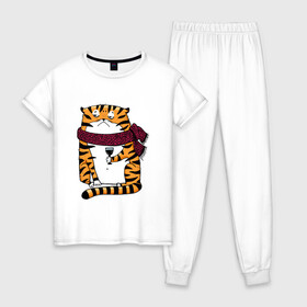 Женская пижама хлопок с принтом Недовольный тигр с бокалом вина в Новосибирске, 100% хлопок | брюки и футболка прямого кроя, без карманов, на брюках мягкая резинка на поясе и по низу штанин | 2022 | год тигра | новый год | новый год 2022 | символ года | тигр | тигренок | тигрица | тигры