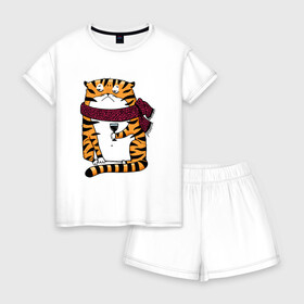 Женская пижама с шортиками хлопок с принтом Недовольный тигр с бокалом вина в Новосибирске, 100% хлопок | футболка прямого кроя, шорты свободные с широкой мягкой резинкой | 2022 | год тигра | новый год | новый год 2022 | символ года | тигр | тигренок | тигрица | тигры