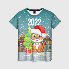 Женская футболка 3D с принтом Тигренок с елочкой в Новосибирске, 100% полиэфир ( синтетическое хлопкоподобное полотно) | прямой крой, круглый вырез горловины, длина до линии бедер | Тематика изображения на принте: 2022 | год тигра | новый год | новый год 2022 | символ года | тигр | тигренок | тигрица | тигры