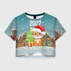 Женская футболка Crop-top 3D с принтом Тигренок с елочкой в Новосибирске, 100% полиэстер | круглая горловина, длина футболки до линии талии, рукава с отворотами | 2022 | год тигра | новый год | новый год 2022 | символ года | тигр | тигренок | тигрица | тигры