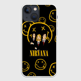 Чехол для iPhone 13 mini с принтом Арт на группу Nirvana в Новосибирске,  |  | kurt cobain | nevermino | nirvana | альтернативный | гранж | грол | дональд | курт кобейн | музыка | надпись | нервана | нирвана | новоселич | певец | рок группа | смайл | смайлик | солист