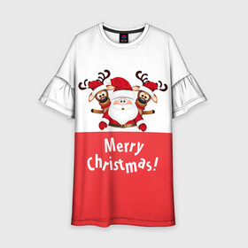 Детское платье 3D с принтом Санта с 2 Оленями в Новосибирске, 100% полиэстер | прямой силуэт, чуть расширенный к низу. Круглая горловина, на рукавах — воланы | Тематика изображения на принте: christmas | merry christmas | santa claus | дед мороз | ёлка | зима | мороз | новогодние олени | новый год | оленёнок бэмби | оленёнок рудольф | подарок | праздник | рождество | с новым годом | санта клаус
