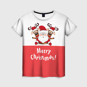 Женская футболка 3D с принтом Санта с 2 Оленями в Новосибирске, 100% полиэфир ( синтетическое хлопкоподобное полотно) | прямой крой, круглый вырез горловины, длина до линии бедер | christmas | merry christmas | santa claus | дед мороз | ёлка | зима | мороз | новогодние олени | новый год | оленёнок бэмби | оленёнок рудольф | подарок | праздник | рождество | с новым годом | санта клаус