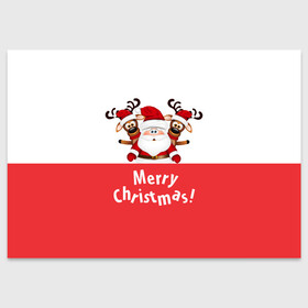 Поздравительная открытка с принтом Санта с 2 Оленями в Новосибирске, 100% бумага | плотность бумаги 280 г/м2, матовая, на обратной стороне линовка и место для марки
 | christmas | merry christmas | santa claus | дед мороз | ёлка | зима | мороз | новогодние олени | новый год | оленёнок бэмби | оленёнок рудольф | подарок | праздник | рождество | с новым годом | санта клаус
