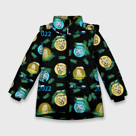 Зимняя куртка для девочек 3D с принтом Новогодний принт с тиграми в Новосибирске, ткань верха — 100% полиэстер; подклад — 100% полиэстер, утеплитель — 100% полиэстер. | длина ниже бедра, удлиненная спинка, воротник стойка и отстегивающийся капюшон. Есть боковые карманы с листочкой на кнопках, утяжки по низу изделия и внутренний карман на молнии. 

Предусмотрены светоотражающий принт на спинке, радужный светоотражающий элемент на пуллере молнии и на резинке для утяжки. | 2022 | christmas cat | kitten | mood | toys | tree | year | год | елка | елки | елочные | золотой | игрушки | кот | котенок | кошачьи | настроение | новогодние | новый тигра | пушистая | снежная | тигр | фон | черный
