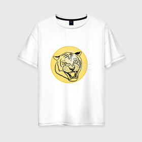 Женская футболка хлопок Oversize с принтом Тигр на новогоднем шарике в Новосибирске, 100% хлопок | свободный крой, круглый ворот, спущенный рукав, длина до линии бедер
 | golden | head | holiday | mascot | new year | symbol | tiger | year of the tiger | год тигра | голова | золотой | новый год | праздник | символ | талисман | тигр