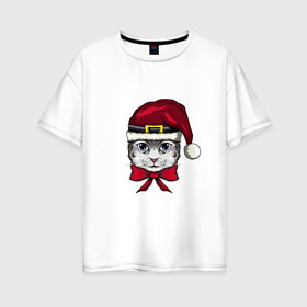 Женская футболка хлопок Oversize с принтом Сантакот в Новосибирске, 100% хлопок | свободный крой, круглый ворот, спущенный рукав, длина до линии бедер
 | арт | иллюстрация | котёнок | котик | санта | шапка
