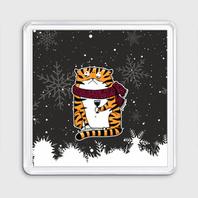 Магнит 55*55 с принтом Тигр с бокалом вина в Новосибирске, Пластик | Размер: 65*65 мм; Размер печати: 55*55 мм | Тематика изображения на принте: 2022 | год тигра | новый год | новый год 2022 | символ года | тигр | тигренок | тигрица | тигры