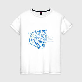 Женская футболка хлопок с принтом Контур головы синего тигра, арт лайн. в Новосибирске, 100% хлопок | прямой крой, круглый вырез горловины, длина до линии бедер, слегка спущенное плечо | blue | head | holiday | mascot | new year | symbol | tiger | year of the tiger | арт лайн | год тигра | кошка | новогодний | новый год | праздник | символ | талисман