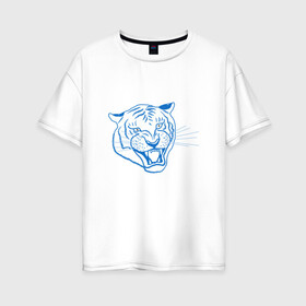 Женская футболка хлопок Oversize с принтом Контур головы синего тигра, арт лайн. в Новосибирске, 100% хлопок | свободный крой, круглый ворот, спущенный рукав, длина до линии бедер
 | blue | head | holiday | mascot | new year | symbol | tiger | year of the tiger | арт лайн | год тигра | кошка | новогодний | новый год | праздник | символ | талисман