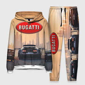 Мужской костюм 3D (с толстовкой) с принтом Bugatti на фоне Дубая ОАЭ с логотипом в Новосибирске,  |  | bugatti chiron | bugatti veyron | бугатти | гиперкары | дубай | закат | оаэ | спортивные машины | спорткары