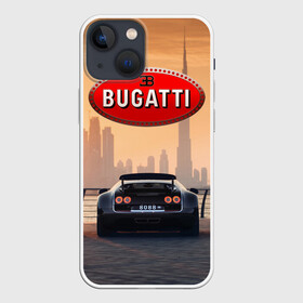 Чехол для iPhone 13 mini с принтом Bugatti на фоне Дубая ОАЭ с логотипом в Новосибирске,  |  | bugatti chiron | bugatti veyron | бугатти | гиперкары | дубай | закат | оаэ | спортивные машины | спорткары