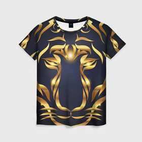 Женская футболка 3D с принтом Золотой символ года Тигр в Новосибирске, 100% полиэфир ( синтетическое хлопкоподобное полотно) | прямой крой, круглый вырез горловины, длина до линии бедер | в чем встречать новый год | золотой узор | идея подарка на новый год | подарок на новый год | символ нового года | тигр золотой | тигр символ года 2022 | узоры из золота
