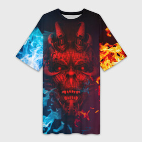Платье-футболка 3D с принтом Diablo Fire Ice в Новосибирске,  |  | black | demon | devil | fire | hell | horns | ice | prints | top | trend | ад | демон | дьявол | лёд | огонь | принты | рога | топ | тренд | черный