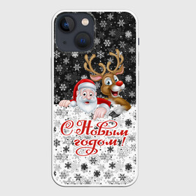 Чехол для iPhone 13 mini с принтом С Новым Годом (дед мороз и олень) в Новосибирске,  |  | christmas | merry christmas | santa claus | дед мороз | ёлка | зима | мороз | новогодние олени | новый год | оленёнок бэмби | оленёнок рудольф | орнамент | подарок | праздник | рождество | с новым годом | санта клаус