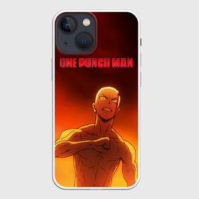 Чехол для iPhone 13 mini с принтом Сайтама в огне One Punch Man в Новосибирске,  |  | hagemanto | one punch man | one punchman | onepunchman | saitama | sensei | аниме | ван панч мен | ванпанчмен | лысый плащ | манга | сайтама | сильнейший человек | учитель | человек одинудар | человек одного удара