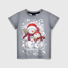 Детская футболка 3D с принтом Два снеговика в Новосибирске, 100% гипоаллергенный полиэфир | прямой крой, круглый вырез горловины, длина до линии бедер, чуть спущенное плечо, ткань немного тянется | 2022 | год тигра | новогодний подарок | новый год | подарок на новый год | снег | снеговик | снеговики