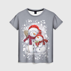 Женская футболка 3D с принтом Два снеговика в Новосибирске, 100% полиэфир ( синтетическое хлопкоподобное полотно) | прямой крой, круглый вырез горловины, длина до линии бедер | 2022 | год тигра | новогодний подарок | новый год | подарок на новый год | снег | снеговик | снеговики