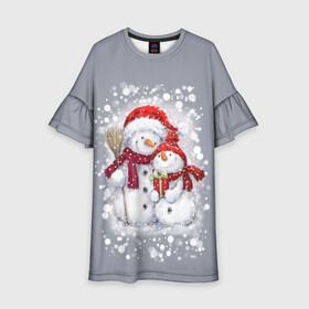 Детское платье 3D с принтом Два снеговика в Новосибирске, 100% полиэстер | прямой силуэт, чуть расширенный к низу. Круглая горловина, на рукавах — воланы | Тематика изображения на принте: 2022 | год тигра | новогодний подарок | новый год | подарок на новый год | снег | снеговик | снеговики