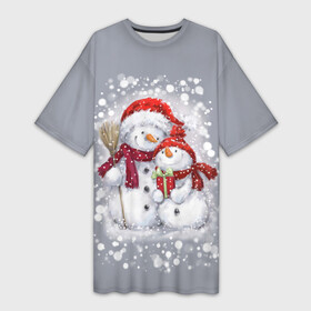 Платье-футболка 3D с принтом Два снеговика в Новосибирске,  |  | 2022 | год тигра | новогодний подарок | новый год | подарок на новый год | снег | снеговик | снеговики