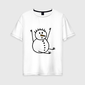 Женская футболка хлопок Oversize с принтом Снеговик в дудл стиле в Новосибирске, 100% хлопок | свободный крой, круглый ворот, спущенный рукав, длина до линии бедер
 | дудл | зима | зимний | нарисованный | от руки | снег | снеговик