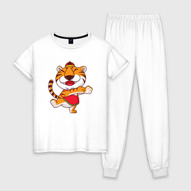 Женская пижама хлопок с принтом Танцующий тигр в Новосибирске, 100% хлопок | брюки и футболка прямого кроя, без карманов, на брюках мягкая резинка на поясе и по низу штанин | 2022 | год тигра | новый год | новый год 2022 | символ года | тигр | тигренок | тигрица | тигры