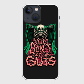 Чехол для iPhone 13 mini с принтом Кишка Тонка в Новосибирске,  |  | dead | death | halloween | horrors | monster | night | okay | scare | skeleton | skull | you dont got the guts | мертвый | монстр | ночь | скелет | ужастики | ужасы | хэллоуин | череп