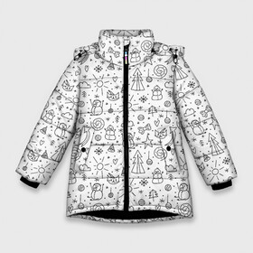 Зимняя куртка для девочек 3D с принтом Зимнее дудл настроение в Новосибирске, ткань верха — 100% полиэстер; подклад — 100% полиэстер, утеплитель — 100% полиэстер. | длина ниже бедра, удлиненная спинка, воротник стойка и отстегивающийся капюшон. Есть боковые карманы с листочкой на кнопках, утяжки по низу изделия и внутренний карман на молнии. 

Предусмотрены светоотражающий принт на спинке, радужный светоотражающий элемент на пуллере молнии и на резинке для утяжки. | бант | бантик | дудл | дудлики | елка | елочка | колокольчик | кот | нарисованный | облако | от руки | сердечко | сердце | снег | снеговик | снежинка | солнце | шарик