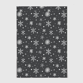 Постер с принтом Белые снежинки на сером фоне в Новосибирске, 100% бумага
 | бумага, плотность 150 мг. Матовая, но за счет высокого коэффициента гладкости имеет небольшой блеск и дает на свету блики, но в отличии от глянцевой бумаги не покрыта лаком | белый | зима | зимний | серый | снег | снежинки | темный