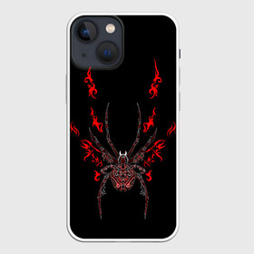 Чехол для iPhone 13 mini с принтом Красно белый паук в Новосибирске,  |  | белый паук | красная паутина | красные узоры | красный паук | паук | паутина | узоры