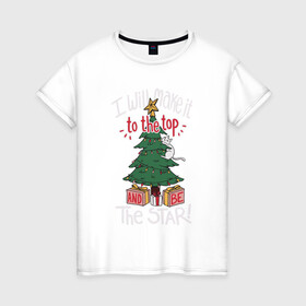 Женская футболка хлопок с принтом Cat on the tree в Новосибирске, 100% хлопок | прямой крой, круглый вырез горловины, длина до линии бедер, слегка спущенное плечо | cat | christmas | garland | gifts | holiday | kitty | new year | star | tree | гирлянда | елка | звезда | кот | котик | кошка | новый год | подарки | праздник | рождество