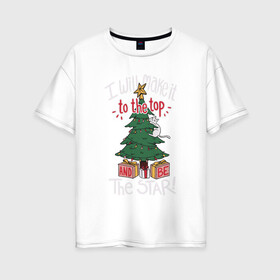 Женская футболка хлопок Oversize с принтом Cat on the tree в Новосибирске, 100% хлопок | свободный крой, круглый ворот, спущенный рукав, длина до линии бедер
 | cat | christmas | garland | gifts | holiday | kitty | new year | star | tree | гирлянда | елка | звезда | кот | котик | кошка | новый год | подарки | праздник | рождество