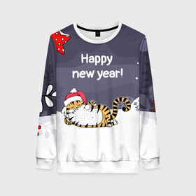 Женский свитшот 3D с принтом Happy New Year 2022 Тигр в Новосибирске, 100% полиэстер с мягким внутренним слоем | круглый вырез горловины, мягкая резинка на манжетах и поясе, свободная посадка по фигуре | 2022 | год тигра | новый год | новый год 2022 | символ года | тигр | тигренок | тигрица | тигры