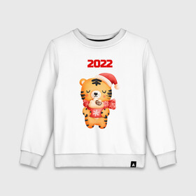 Детский свитшот хлопок с принтом Праздничный тигренок 2022 в Новосибирске, 100% хлопок | круглый вырез горловины, эластичные манжеты, пояс и воротник | 2022 | год тигра | новый год | новый год 2022 | символ года | тигр | тигренок | тигрица | тигры