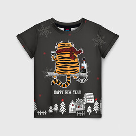 Детская футболка 3D с принтом Одинокий тигр пьет винишко в Новосибирске, 100% гипоаллергенный полиэфир | прямой крой, круглый вырез горловины, длина до линии бедер, чуть спущенное плечо, ткань немного тянется | Тематика изображения на принте: 2022 | год тигра | новый год | новый год 2022 | символ года | тигр | тигренок | тигрица | тигры
