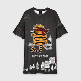 Детское платье 3D с принтом Одинокий тигр пьет винишко в Новосибирске, 100% полиэстер | прямой силуэт, чуть расширенный к низу. Круглая горловина, на рукавах — воланы | 2022 | год тигра | новый год | новый год 2022 | символ года | тигр | тигренок | тигрица | тигры