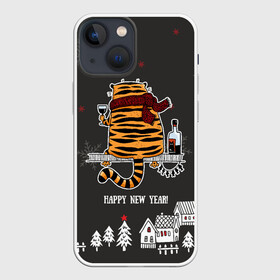 Чехол для iPhone 13 mini с принтом Одинокий тигр пьет винишко в Новосибирске,  |  | 2022 | год тигра | новый год | новый год 2022 | символ года | тигр | тигренок | тигрица | тигры