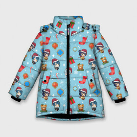 Зимняя куртка для девочек 3D с принтом GI Christmas Pattern в Новосибирске, ткань верха — 100% полиэстер; подклад — 100% полиэстер, утеплитель — 100% полиэстер. | длина ниже бедра, удлиненная спинка, воротник стойка и отстегивающийся капюшон. Есть боковые карманы с листочкой на кнопках, утяжки по низу изделия и внутренний карман на молнии. 

Предусмотрены светоотражающий принт на спинке, радужный светоотражающий элемент на пуллере молнии и на резинке для утяжки. | Тематика изображения на принте: 2022 год | genshin impact | happy new year | каникулы | новый год | новый год 2022 | оливье | праздник | рождество | снег | снежинки