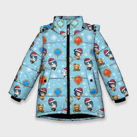 Зимняя куртка для девочек 3D с принтом Genshin Impact Pattern в Новосибирске, ткань верха — 100% полиэстер; подклад — 100% полиэстер, утеплитель — 100% полиэстер. | длина ниже бедра, удлиненная спинка, воротник стойка и отстегивающийся капюшон. Есть боковые карманы с листочкой на кнопках, утяжки по низу изделия и внутренний карман на молнии. 

Предусмотрены светоотражающий принт на спинке, радужный светоотражающий элемент на пуллере молнии и на резинке для утяжки. | Тематика изображения на принте: 2022 год | genshin impact | happy new year | каникулы | новый год | новый год 2022 | оливье | праздник | рождество | снег | снежинки