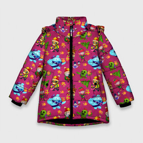 Зимняя куртка для девочек 3D с принтом Brawl stars Pattern в Новосибирске, ткань верха — 100% полиэстер; подклад — 100% полиэстер, утеплитель — 100% полиэстер. | длина ниже бедра, удлиненная спинка, воротник стойка и отстегивающийся капюшон. Есть боковые карманы с листочкой на кнопках, утяжки по низу изделия и внутренний карман на молнии. 

Предусмотрены светоотражающий принт на спинке, радужный светоотражающий элемент на пуллере молнии и на резинке для утяжки. | 2022 | brawl | brawl stars | brock | bull | colt | elprimo | jessie | leon | nita | shelly | stars | брок | булл | джесси | кольт | леон | новогоднее | новый год | рождество | шелли | эльпримо