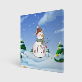 Холст квадратный с принтом Веселый Снеговичок в Новосибирске, 100% ПВХ |  | 2022 | новогодний | новый год | рождество | снег | снеговик