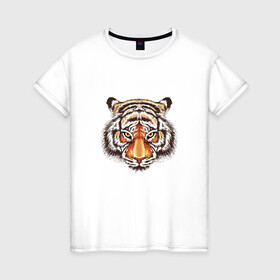 Женская футболка хлопок с принтом Морда тигра от John Art в Новосибирске, 100% хлопок | прямой крой, круглый вырез горловины, длина до линии бедер, слегка спущенное плечо | животные | новый год | праздник | тигр