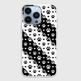 Чехол для iPhone 13 Pro с принтом Следы от Лап в Новосибирске,  |  | black white | chess | dog | dog pawprints | paws | животное | зверь | лапы | пёс | следы от лап | собака | собачьи следы от лап | хищник | чёрно белое | шахматка | щенок