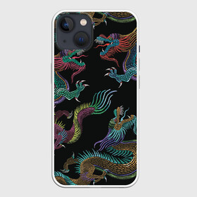 Чехол для iPhone 13 с принтом Цветные драконы в Новосибирске,  |  | драконы | иллюстрация | китай | китайские драконы | рисунок
