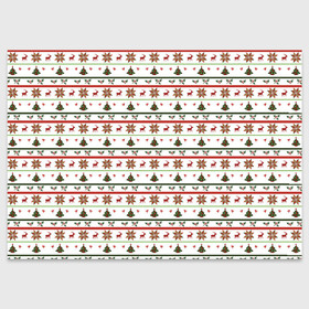 Поздравительная открытка с принтом узор новогодний Бело-красно-зеленый в Новосибирске, 100% бумага | плотность бумаги 280 г/м2, матовая, на обратной стороне линовка и место для марки
 | deer | new year | елка | колокольчики | новый год | олень | растение | снежинка | узор